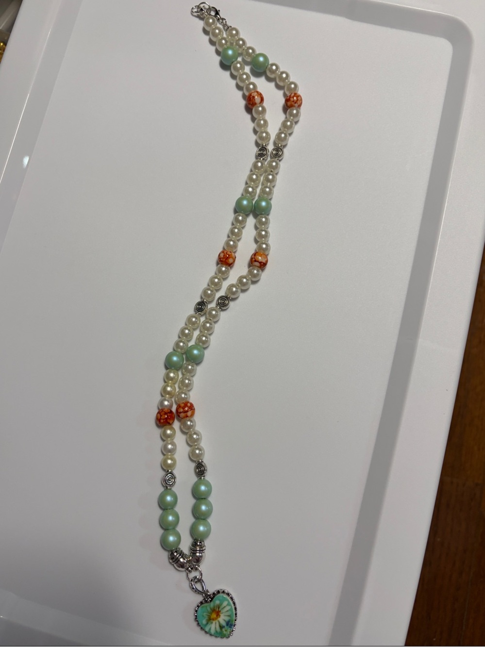 Handmade Pearl Bead Necklace with Mint and Coral Accents and Heart Pendant